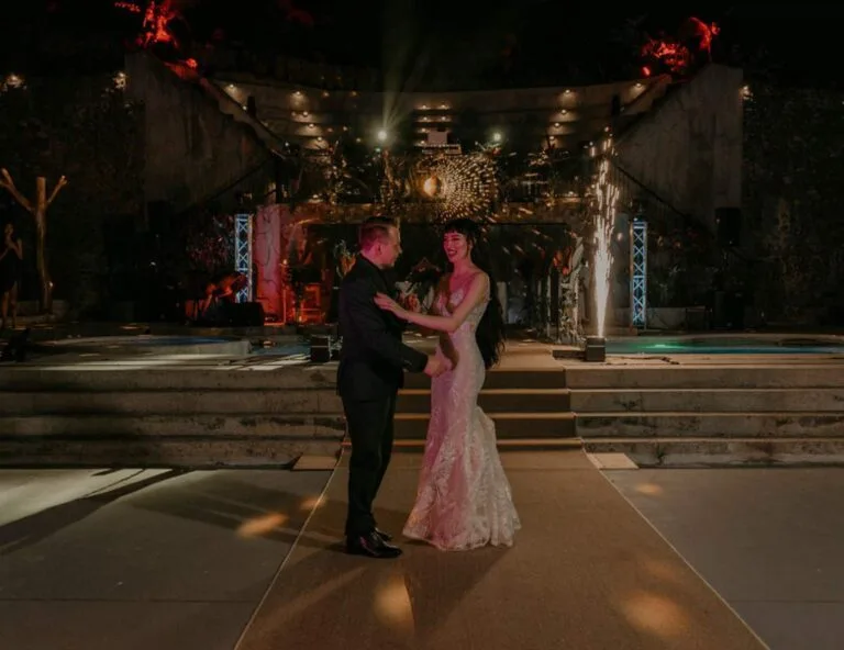 Photo of a couple dancing in the castle of oz, celebrating their elope in costa rica