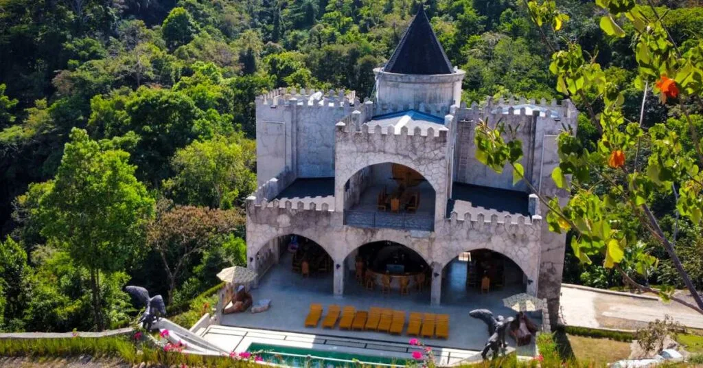 Aerial view of The Castle of Oz surrounded by Costa Rican jungle